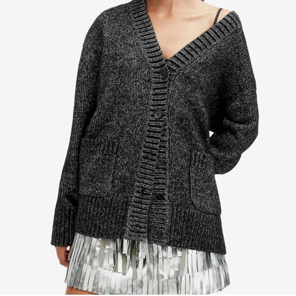 ALL SAINTS Black Glitter Sabrina‎ Cardigan Sweater Metallic Oversized Boxy XS